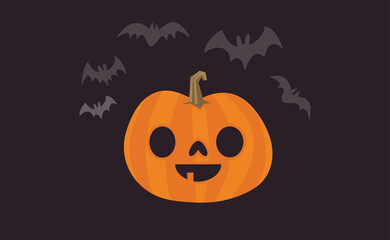 Happy Halloween design. Cute pumpkin with carved smile face, spooky season. Funny illustration. Trick or treat decoration.