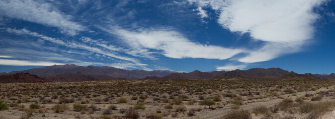 Desolated landscape. Panorama view of the arid desert, sand, vegetation and mountains under a beautiful blue sky with clouds. 