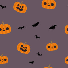 Pumpkins and bats halloween pattern. Seamless texture with cute and funny illustrations.
