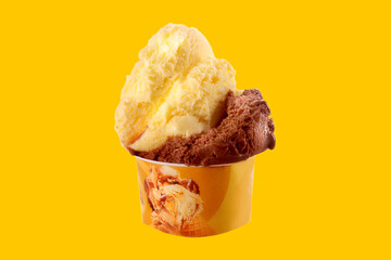 takeaway ice cream cup with chocolate and cream flavor on yellow background