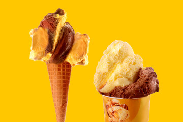 ice cream on  cone and in cup takeaway chocolate and cream flavor on a yellow background