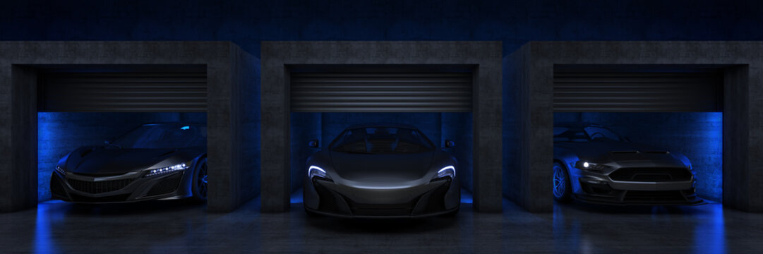 Sports Car In Garage With Open Roller Door.. 3d Rendering	