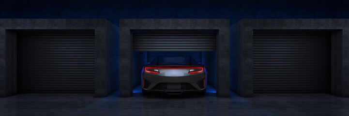 Obraz premium Sports car in garage with open roller door.. 3d Rendering 