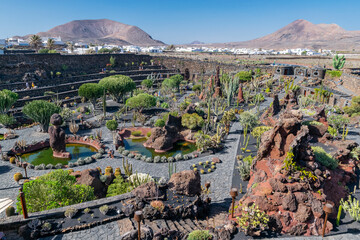 Lanzarote / Spain - September 9, 2020: Jardin de cactus, created by Cesar Manrrique on the volcanic...