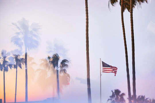 American flag on California beach through prism