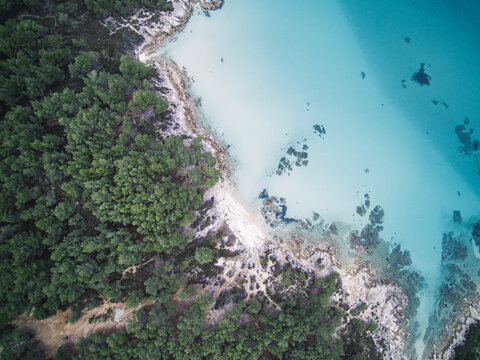 rocky seaside with forest and clear water from above - greece
