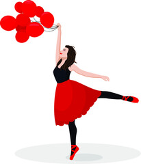 ballerina in red Pointe shoes and skirt, holding balloons on a white background