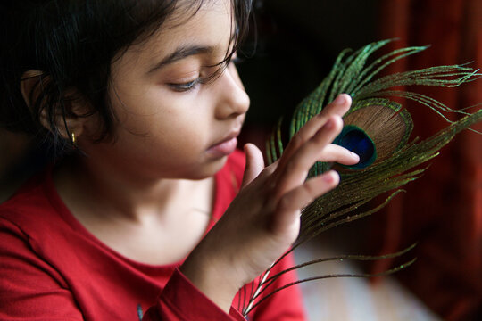 Cute little girl playing with a peacock feather
