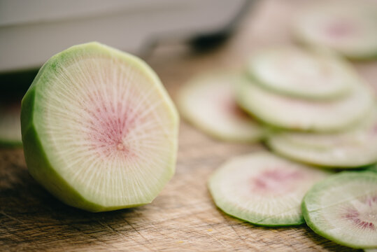 Slicing Watermelon Radish With A Mandoline