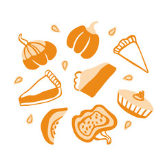 Hand drawn vector set of decorative pumpkins and pumpkin pies. Cartoon style illustration. Autumn harvesting. Pumpkin pies