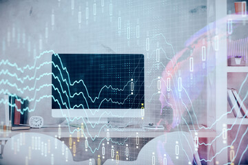 Multi exposure of stock market chart drawing and office interior background. Concept of financial analysis.