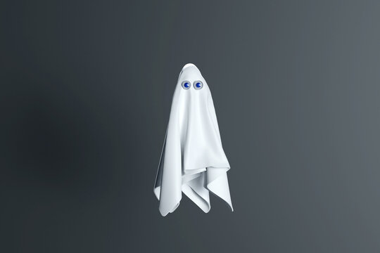 Ghost character on blue background. White sheet with eyes. 3d render of Halloween creature