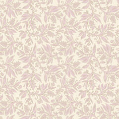 Floral seamless pattern with leaves and berries in pink palette, hand-drawn and digitized. Design for wallpapers, textiles, fabrics.