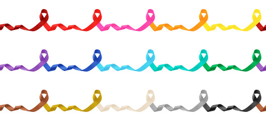 Different awareness ribbons on white background