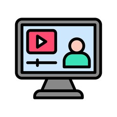 live and streaming related computer screen with play button and character vector with editable stroke,