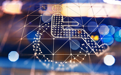 Accessibility icon with wheelchair and technology abstract background. Access in online internet website and technology applied to people with disabilities and handicap