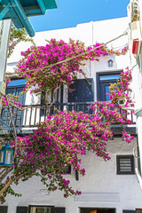 Balcony on Greek island adorned with beautiful pink flowers