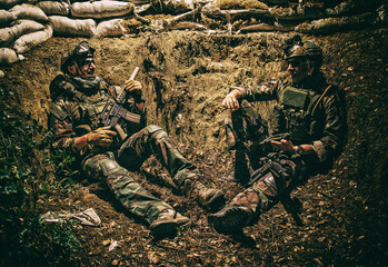 Smiling US army soldier, SEALs fighter, modern combatant in combat uniform, plate carrier,...