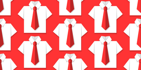 Seamless pattern with white office shirts and red ties. Origami paper effect. Vector illustration. Business, studying concept
