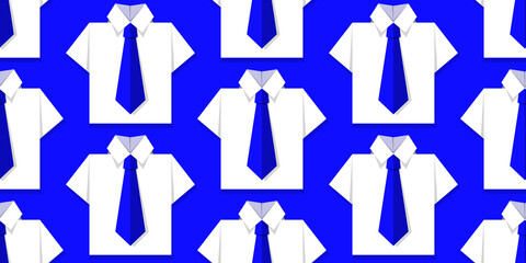 Seamless pattern with white office shirts and blue ties on blue background. Origami paper effect. Vector illustration. Business, studying concept
