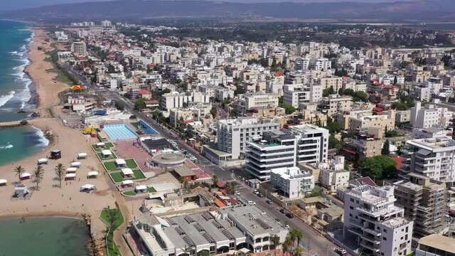 Aerial view of the city of Nahariyya with empty streets and roads during Corona Virus second lockdown
