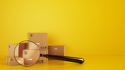 Pile of cardboard boxes on the floor on a yellow background with a magnifying glass