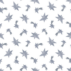Pastel colored grey Christmas stars repeat pattern on the white background, symbol of holiday and family celebrations, simple seamless ornament, colorful boho style decorative image
