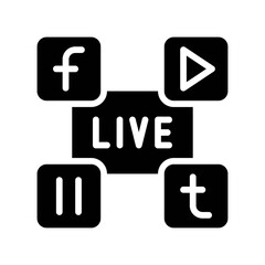 live and streaming related play button, facebook,with twitter and written text vector in solid design,