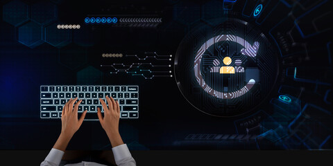 Business woman works on touch screen about Human Resourse system