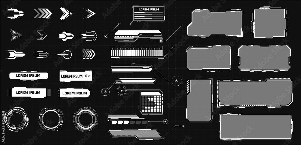 Poster HUD futuristic elements set with call outs communication and Arrow bars include frame. Set of Sci Fi Modern User Interface Elements. 
Callout bar labels, digital info boxes vector illustration