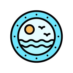 ocean related sun and birds in circle with water waves vector with editable stroke,