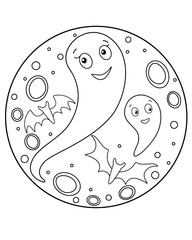 Ghosts and bats on the background of the moon - coloring antistress - vector linear picture for coloring. Moon, ghosts and bats - with anti-stress patterns. Outline. Element for coloring book.