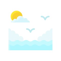 ocean related mountains with water waves, birds, and sun vector in flat style,