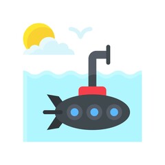 ocean related submarine or ship with water waves, birds, and sun vector in flat style,