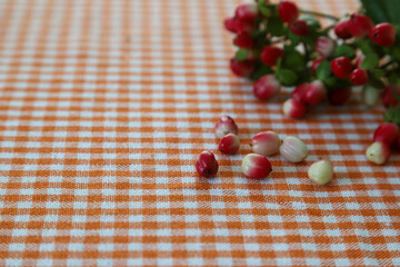 格子模様のテーブルクロスに置いたヒペリカムの実