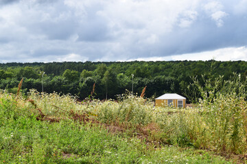 A serene view of a transformer cabin looking as a rural farmhouse in the fields