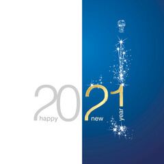 2021 Gold Happy New Year sparkle firework white blue background greeting card