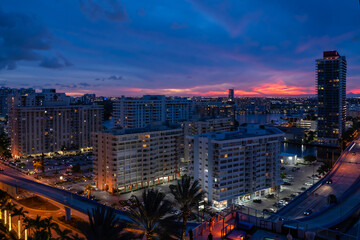 Purple sunset over highway in Hollywood, Florida.
