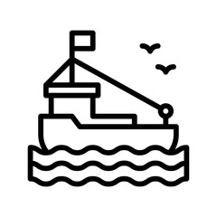 ocean related boat with water waves, birds, and flag vector in lineal style,