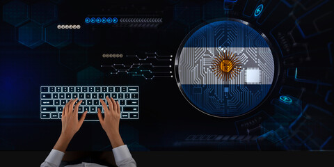 Business woman works on touch screen about Argentina