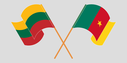 Crossed and waving flags of Cameroon and Lithuania