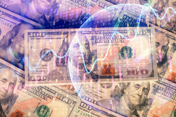 Multi exposure of forex chart drawing over us dollars bill background. Concept of financial success markets.