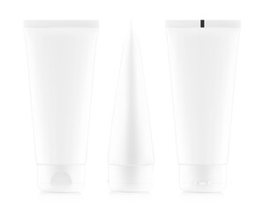 Blank plastic tube mockup for cosmetics with cap. Front and side view. Vector illustration isolated on white background. Can be use for your design, advertising, promo and etc. EPS10.	