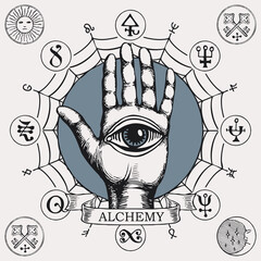 Obraz premium Open palm with a third eye symbol. Vector hand-drawn banner on the theme of alchemy with a human hand, all seeing eye, web, esoteric and magical signs written in a circle in retro style