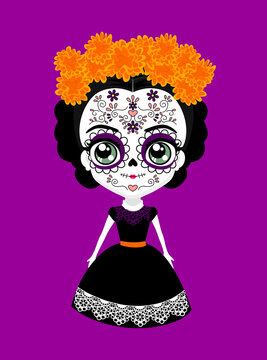 cute mexican catrina doll with traditional sugar skull make up for dia de muertos celebration and cempasuchil flowers (aztec marigold). isolated on purple background