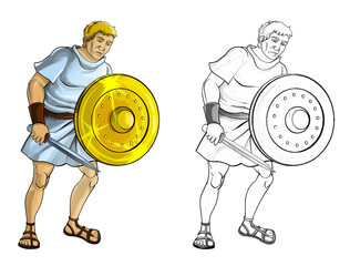 cartoon sketch scene with roman or greek ancient character warrior