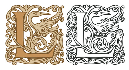 Initial letter L with vintage Baroque decorations. Two vector uppercase letters L in beige and black-white colors. Beautiful filigree capital letter to use for monogram, logo, emblem, card, invitation
