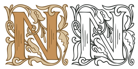 Initial letter N with vintage Baroque decorations. Two vector uppercase letters N in beige and black-white colors. Beautiful filigree capital letter to use for monogram, logo, emblem, card, invitation