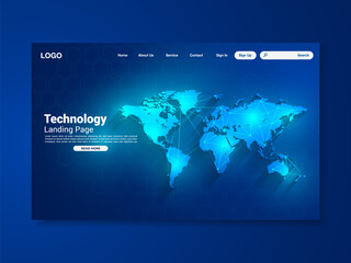 World map network technology landing page with world map, interface, vector