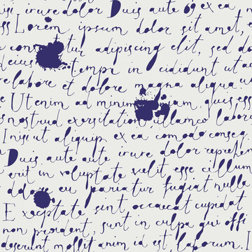 Vector seamless pattern with handwritten text and ink blobs on the old paper background in retro style. Lorem Ipsum. Suitable for wallpaper, wrapping paper, fabric or textile